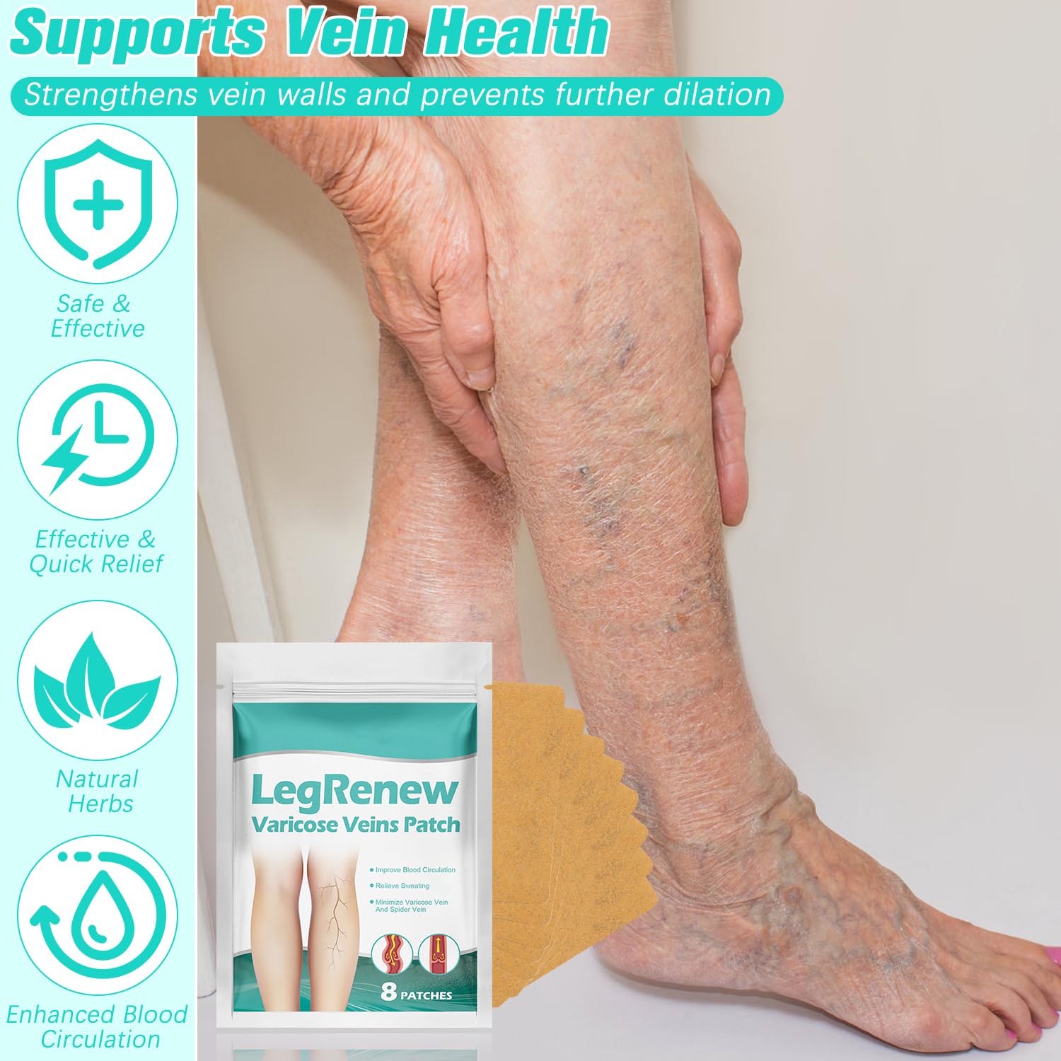 Leg Renew Varicose Veins Patch,Professional Relief for Varicose Veins in The Legs，Natural Ingredients Leg Treatment for All Skin Types (2 Pack)