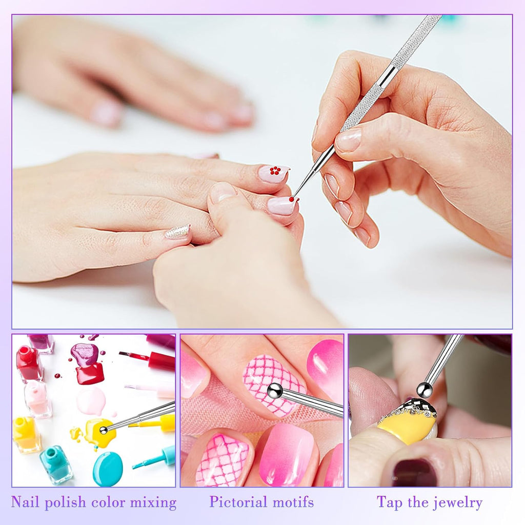 Jeffdad Nail Dotting Tool, 4 Pcs Professional Double-ended Nail Art Tools with Box, Dot Pen Metal Dot pen Nail Polish Paint Pen Dot Diamond Pattern Stainless Steel Dotting Tools Nail art(silver)