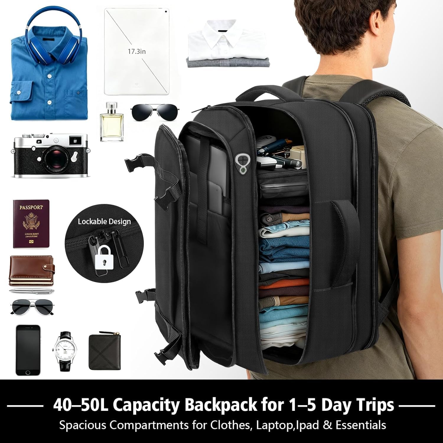Travel Backpack With Lifetimewarranty,Expandable Carry On Backpack With Cable Access Port,Fits 17.3" Laptop Notebook,Water Resistant Weekender Backpack Business Trips,Daily Travel,Black