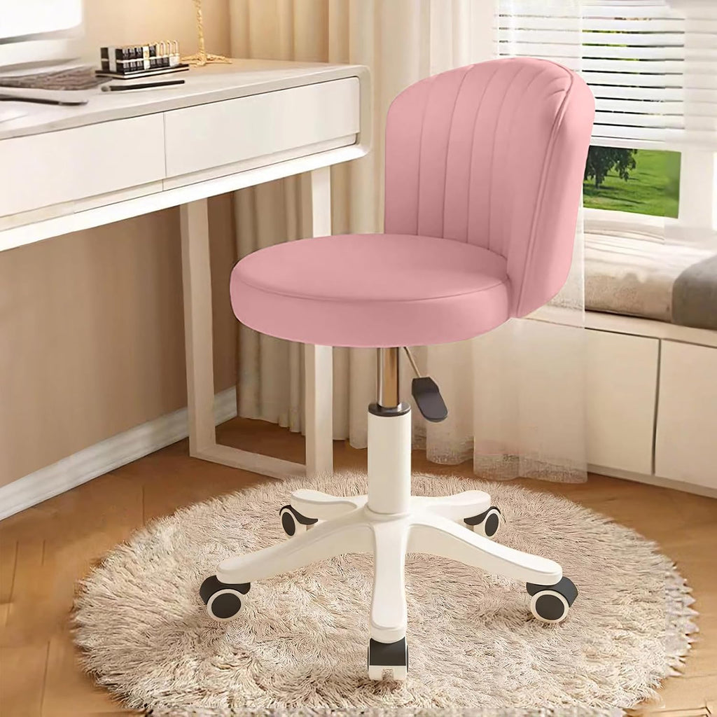 Small Round Rolling Desk Chair Armless Comfy Vanity Computer Chair With Low Backrest Pu Leather Height Adjustable Swivel Work Spa Chair