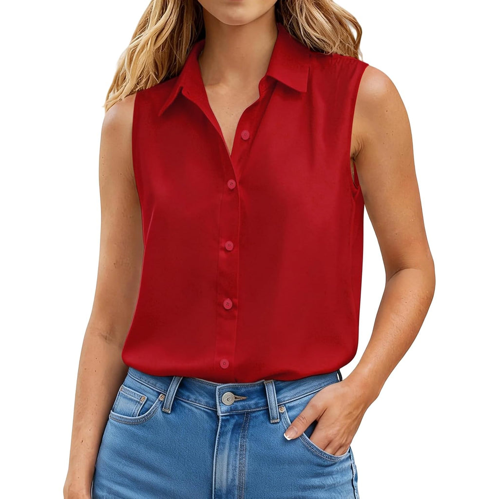 Sleeveless Button Down Shirts For Women, Slim Fit Business Collared Shirt Work Blouses Button Up Office Clothe