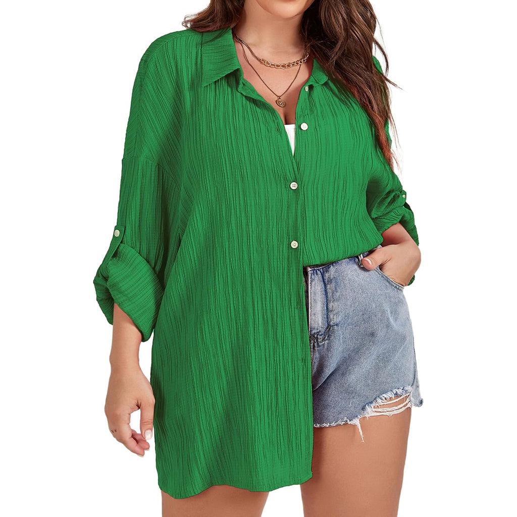 Scomchic Women Plus Size Button Down Shirts Long Roll Up Sleeve V Neck Collared Casual Blouses Oversized Shirt Tops