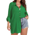Scomchic Women Plus Size Button Down Shirts Long Roll Up Sleeve V Neck Collared Casual Blouses Oversized Shirt Tops