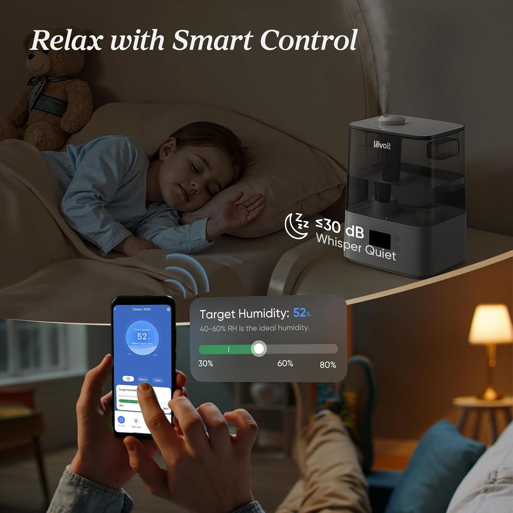 Levoit Humidifiers For Bedroom Large Room, 6L, 60H Runtime, 26Db, Smart App | Top Fill Cool Mist Humidifier For Baby & Plants, Easy To Clean, Essential Oil, Rapid Humidification & Auto Mode, Sleep Mode