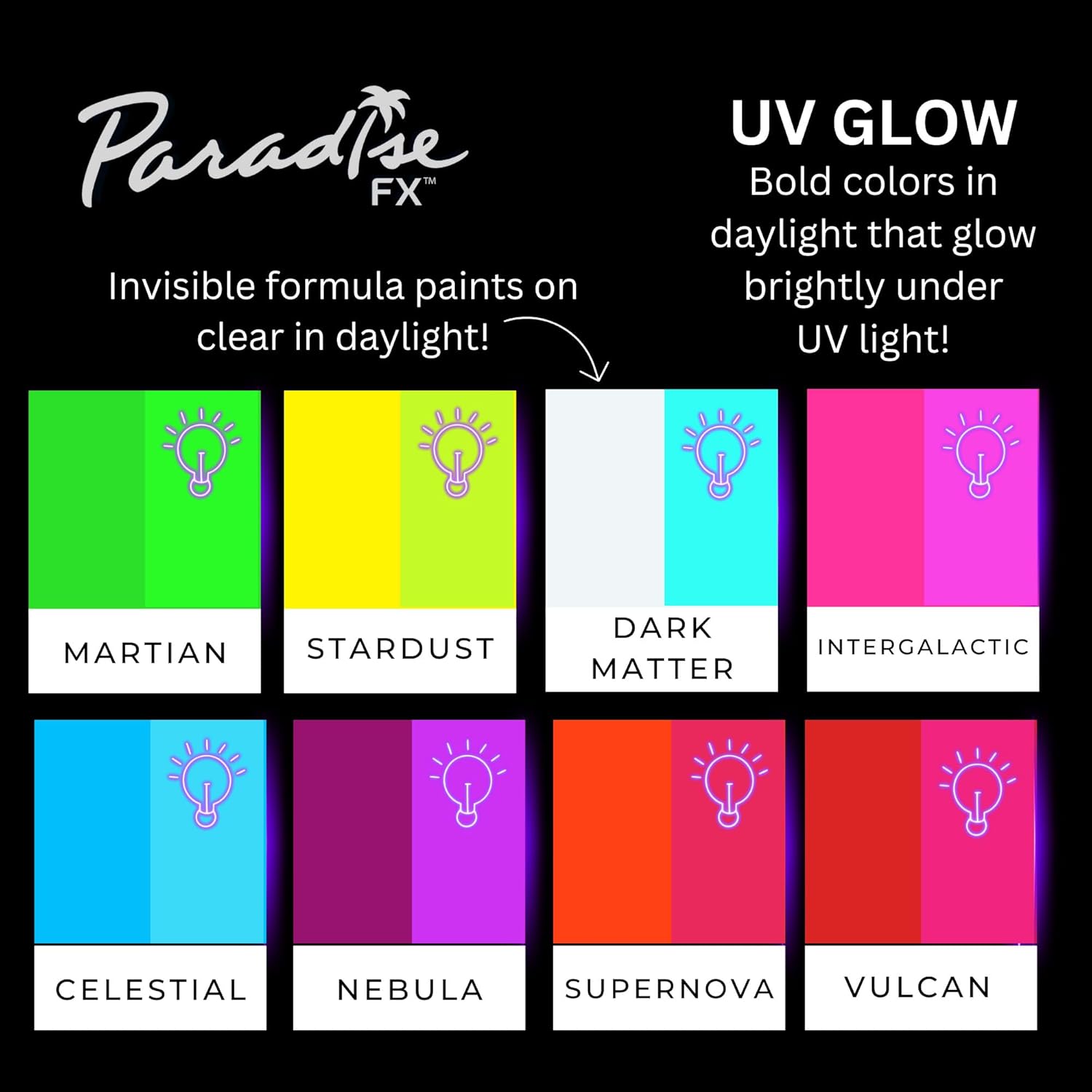 Mehron Makeup Paradise FX Neon UV Glow 8 Color Palette | Magnetic Refillable Special Effects Paint Palette | Professional Water Activated Paint for Raves, Costumes, SFX, Halloween, & Cosplay