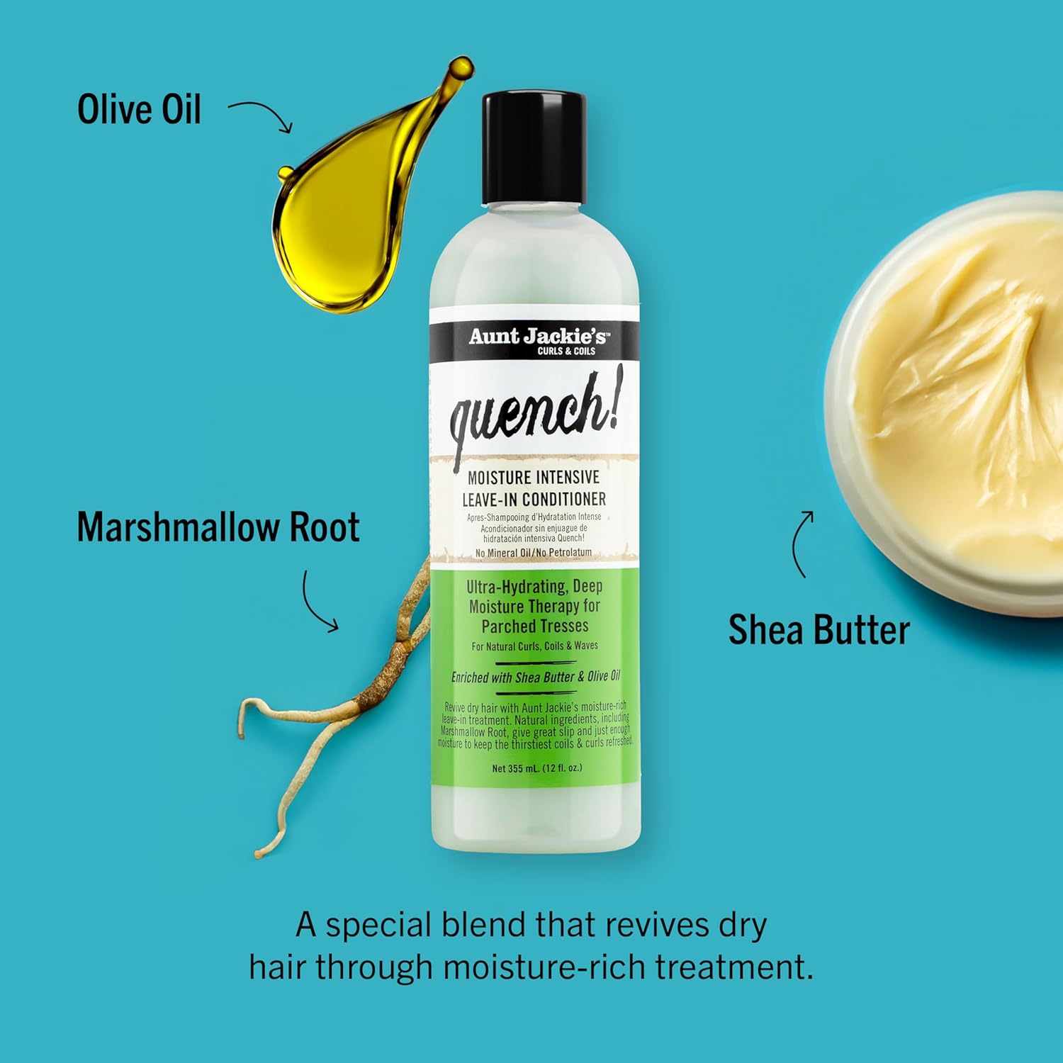 Aunt Jackie's Curls and Coils Quench Moisture Intensive Leave-In Hair Conditioner for Natural Curls, Coils and Waves, Enriched with Shea Butter, 12 oz
