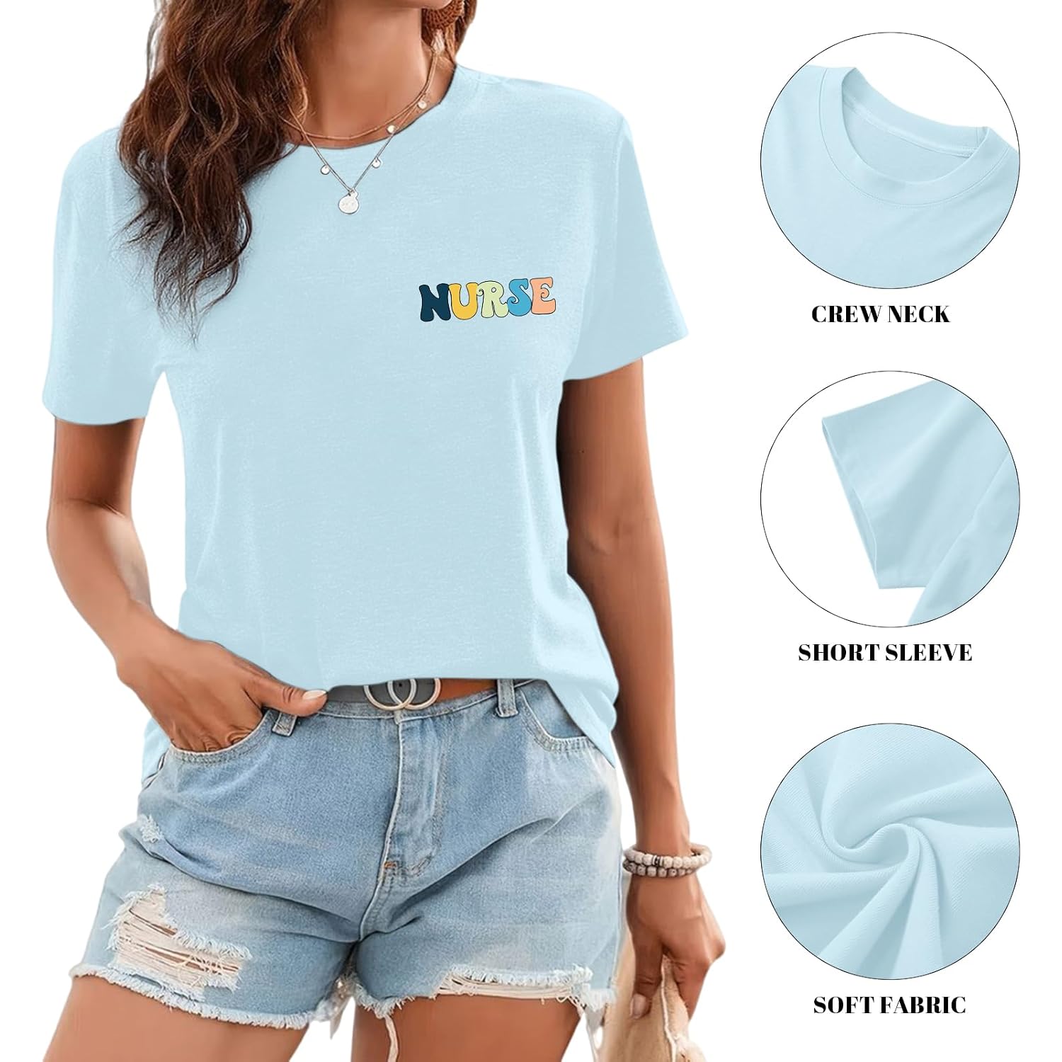 Nurse Graphic Shirts for Women Boho Floral Nurse Life T Shirt Stethoscope Oversized Graphic Tees Nurses Day Gifts Light Blue