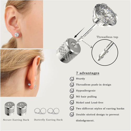 5-6 pairs Push-in Flat Back Stud Earrings Hypoallergenic Surgical Stainless Steel Cubic Zirconia Earrings Studs Set Multi-Pack, CZ Stud Earrings for Women Men Trendy Cartilage Stud Earrings 2-8mm
