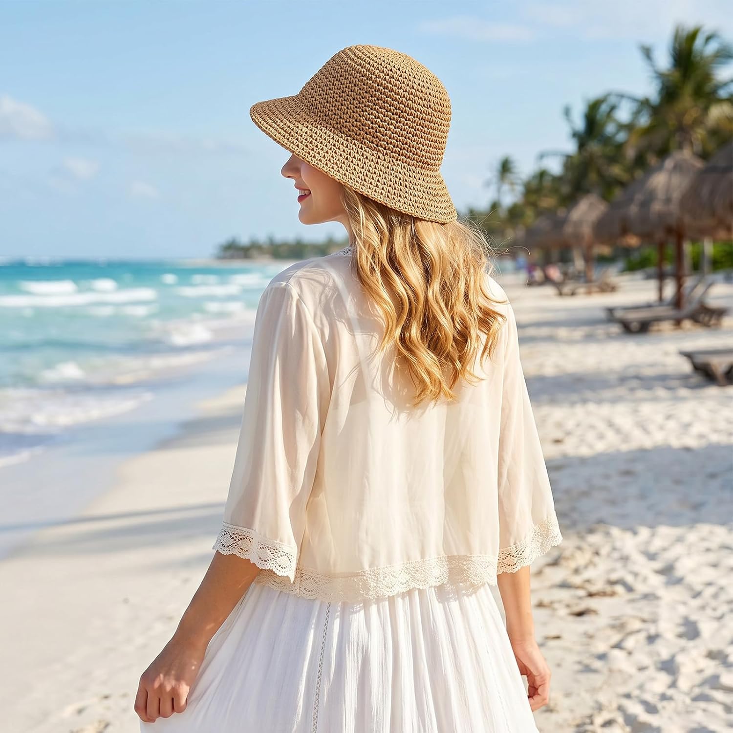 Straw Beach Sun Hats for Women Foldable Sun Hat Packable Floppy Bucket Beach Hat Summer Travel Outdoor Cap Khaki