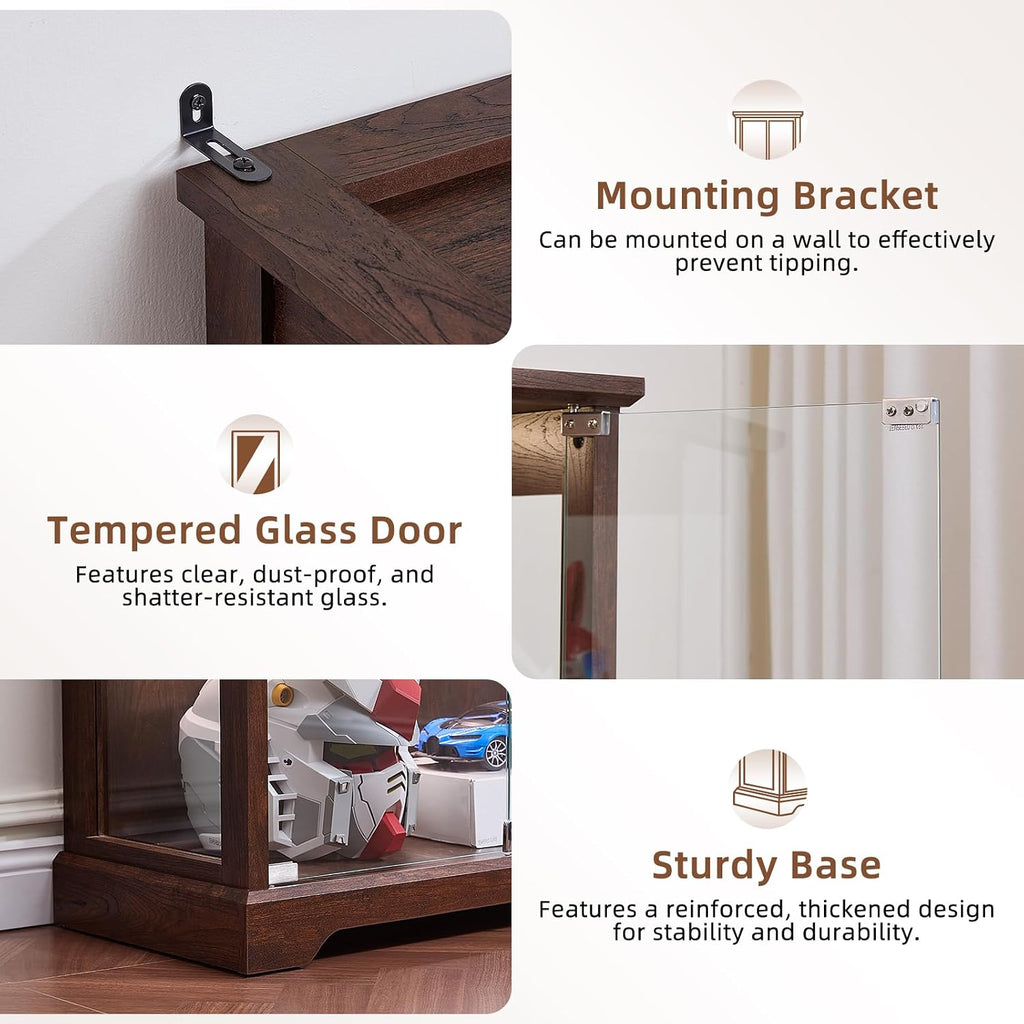 Farmhouse Glass Display Cabinet With Lock, Walnut | Wooden Curio Cabinets With Glass Doors, 3-Color Motion-Sensor Light & Reinforced Base