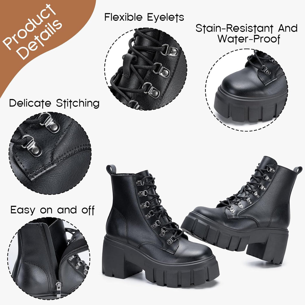 Fitory Women’S Combat Boots Lightweight Lace Up Side Zipper Ankle Botas High Heel Chunky Platform Lug Sole Booties 2026 Size 6-11