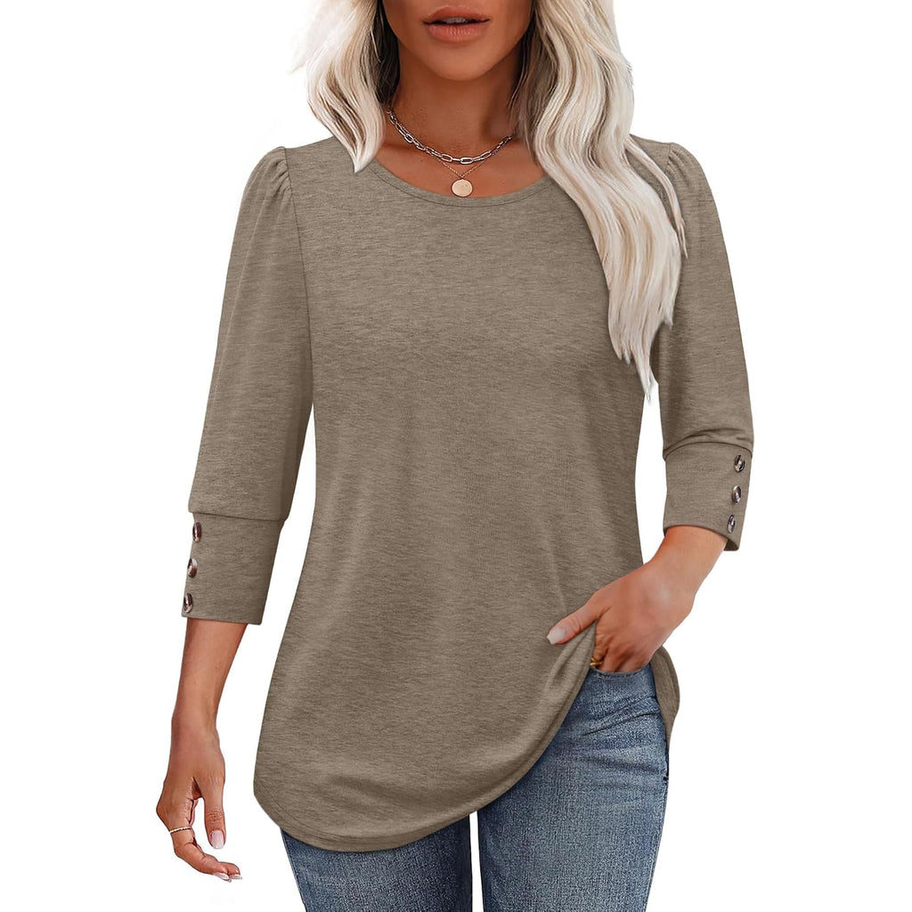 Ofeefan Womens Tops 3/4 Sleeve With Buttons Dressy Casual Blouses Summer Outfits Beach Vacation Plus Size Spring Clothes