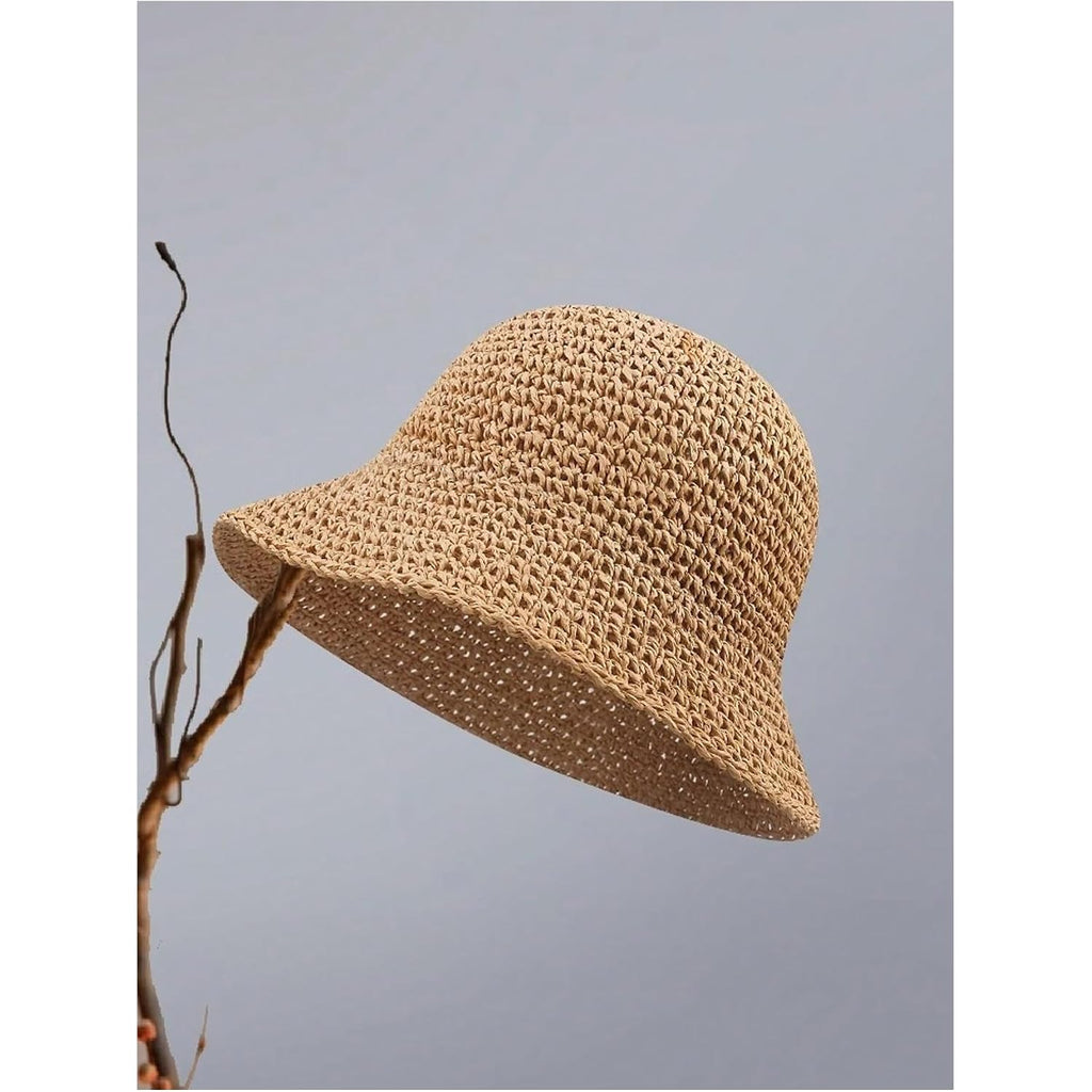 MakeMeChic Women's Straw Foldable Hat Floppy Sun Protection Foldable Summer Cap Khaki