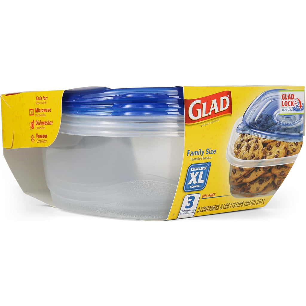 Glad Gladware Xl Square Food Storage Containers With Lock Tight Lids, Bpa-Free Family Size Plastic Containers For Leftovers, Meal Prep, And Freezer Storage, Dishwasher Safe, 104 Oz, 3 Count