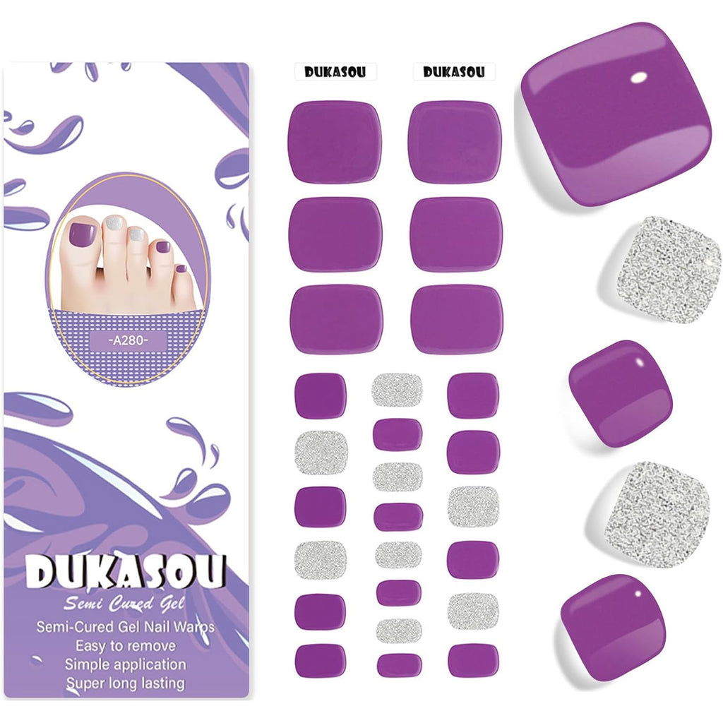Semi Cured Gel Toe Nail Strips,26 Pcs Toes Nail Stickers Wraps(Purple),UV Light Required,Easy to Apply