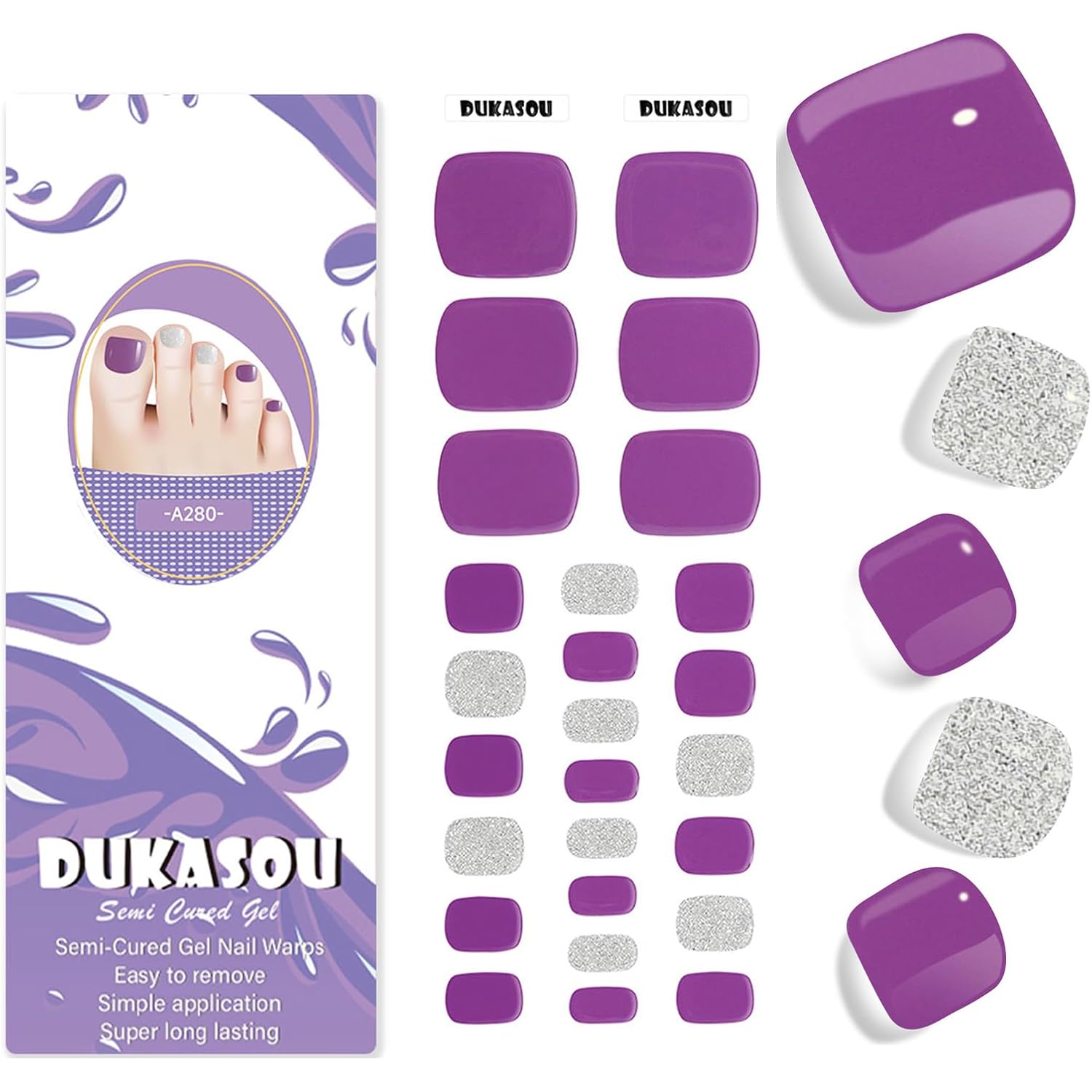 Semi Cured Gel Toe Nail Strips,26 Pcs Toes Nail Stickers Wraps(Purple),UV Light Required,Easy to Apply