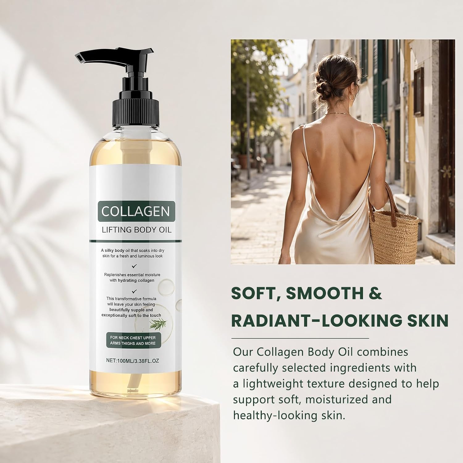 Collagen Oil, Collagen Lifting Body Oil For Firming & Hydration, Lightweight Non-Greasy Moisturizer For Smooth, Soft-Looking Skin, Daily Body Care For Women & Men, 3.38 Fl Oz