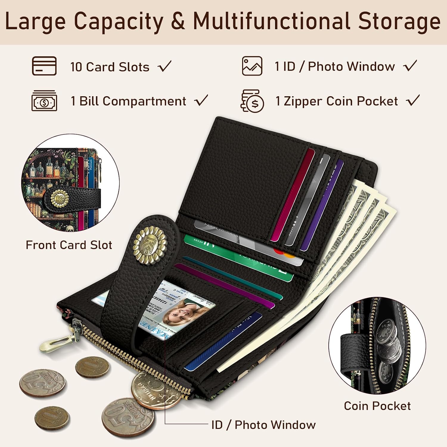 Bookshelves Skull Goth Gothic Small Rfid Women Wallet Bifold Zipper Coin Pocket Pu Leather Compact Cash Credit Card Holder Travel Wallet Female Ladies Teen Girls 1 Id Window 10 Card Slots