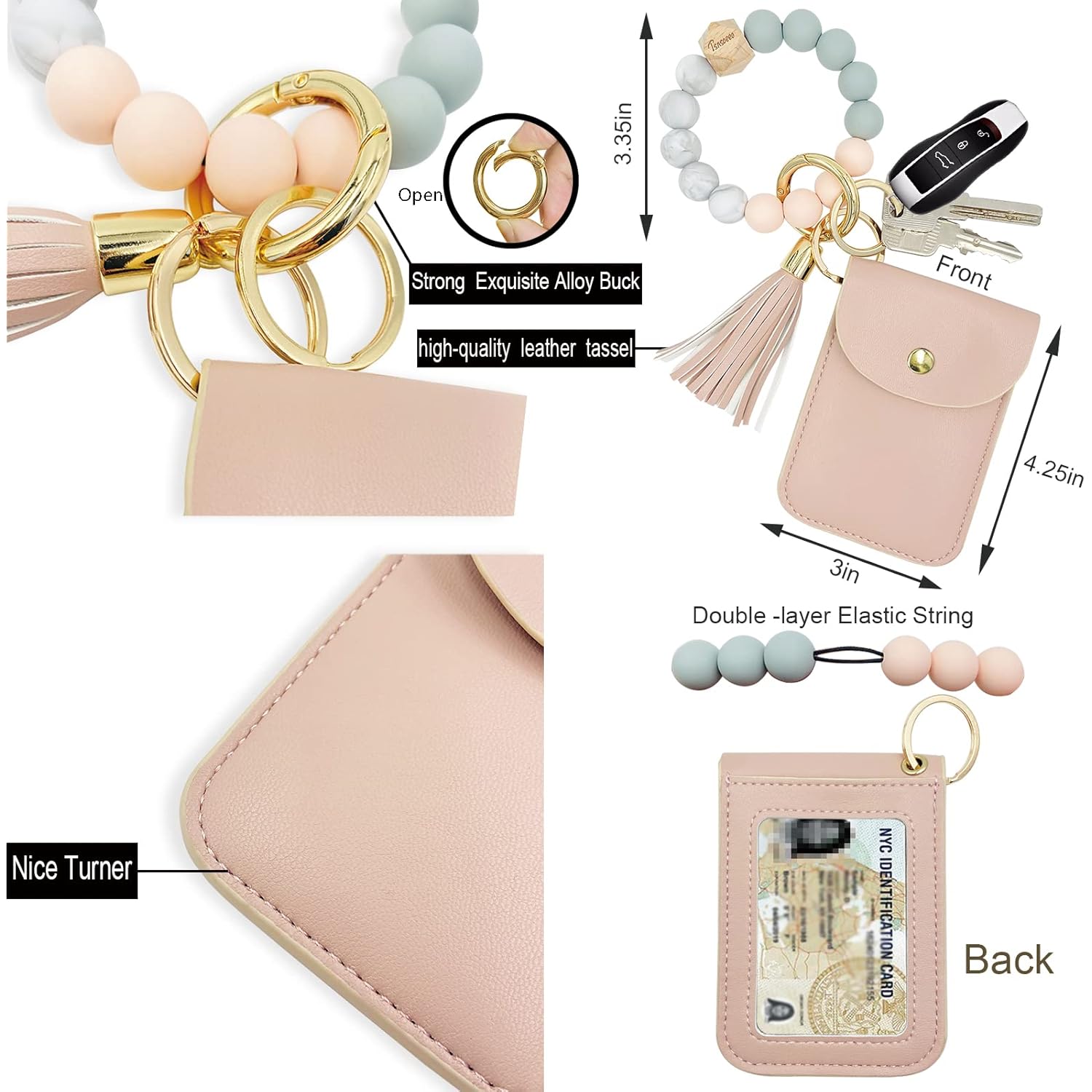 Keychain Wallet Wristlet Small Credit Card Holder Bracelet Key Chain Purse Bangle Tassel Beads Key Rings for Women