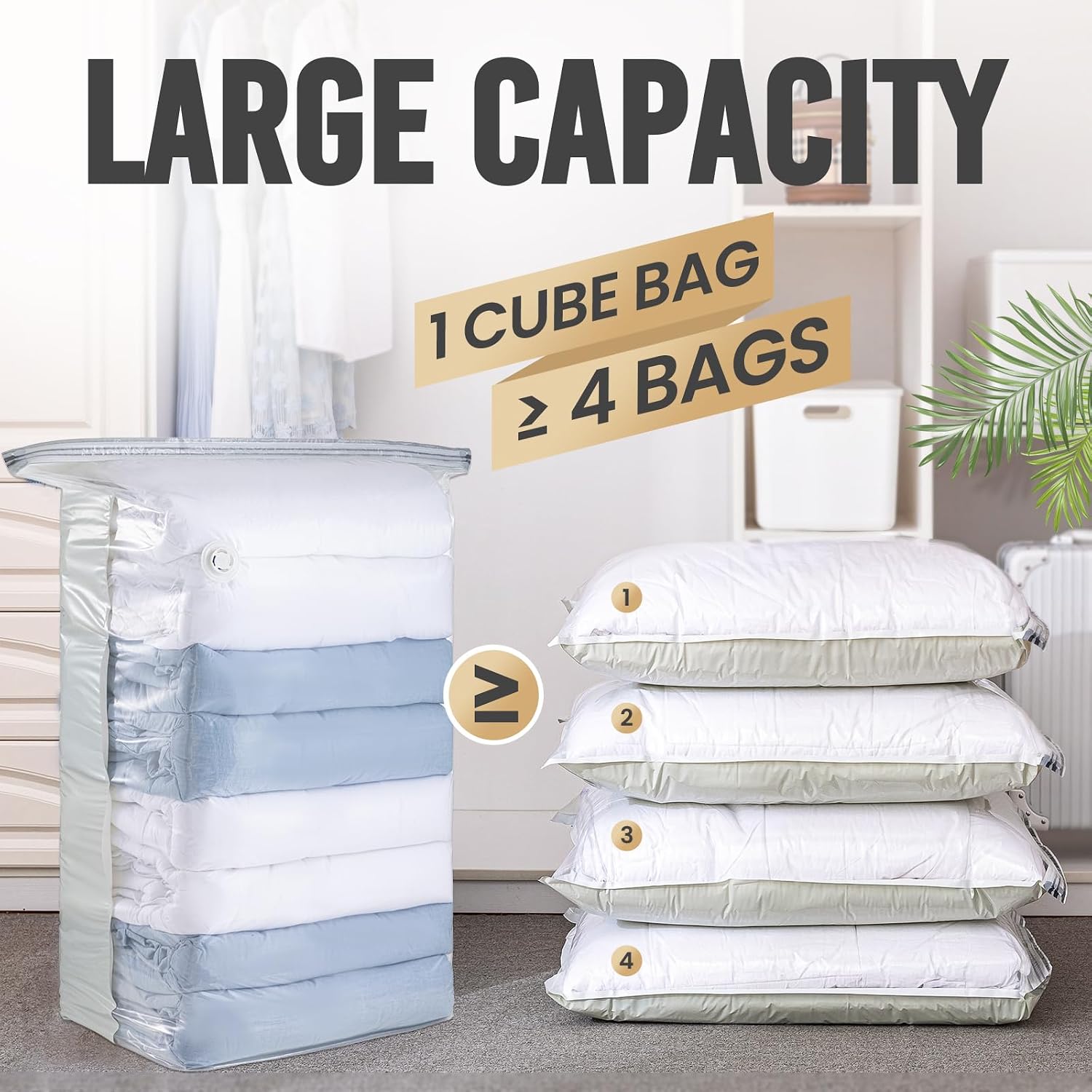 Taili Vacuum Storage Bags 4 Pack, Jumbo Cube (31X40X15 Inch), Extra Large Vacuum Seal Bags For Clothing, Comforters, Blankets, Pillow, Bedding, Sweater, No Pump Compression Cube, Cream