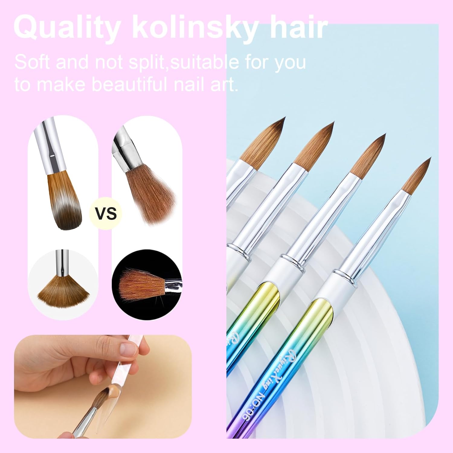 4PCS Acrylic Nail Brush Set, 6/8/12/16. Kolinsky Nail Art Brushes for Application, Sturdy Handle Oval Shaped Acrylic Powder Nails Design Tools for Professional Manicure DIY
