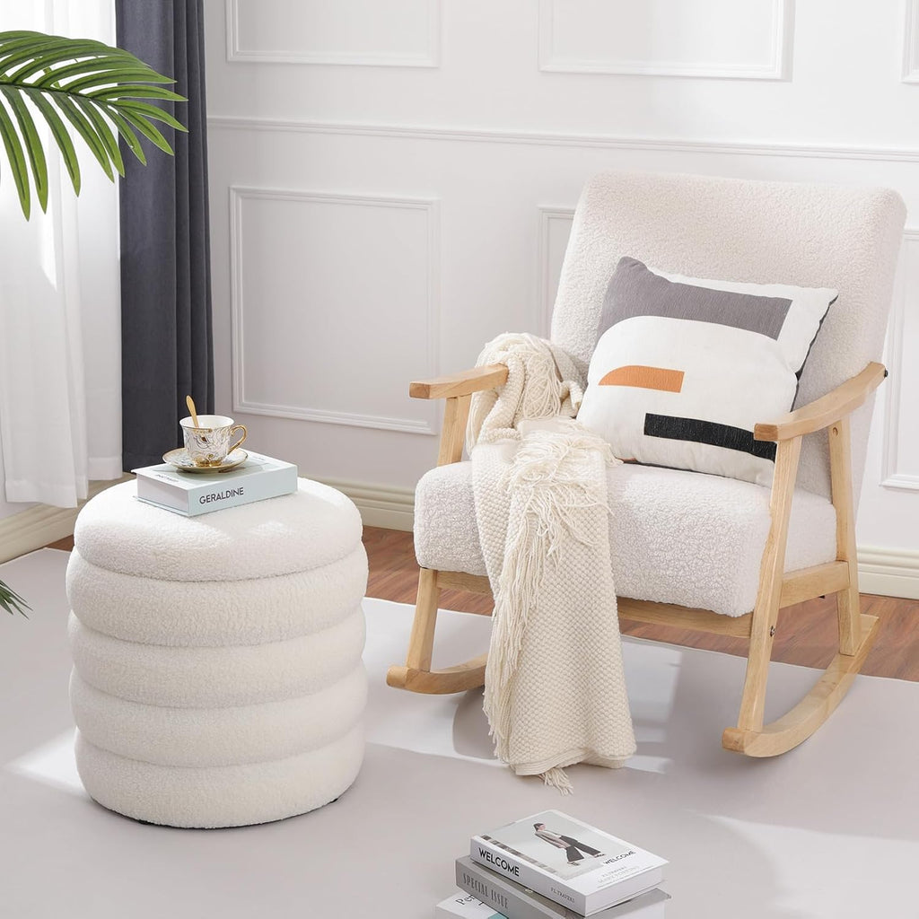 Teddy Sherpa Round Ottoman With Storage, Modern Upholstered Vanity Stool Foot Rest, Small White Boucle Storage Ottoman For Bedroom, Living Room, Entryway, Dorm