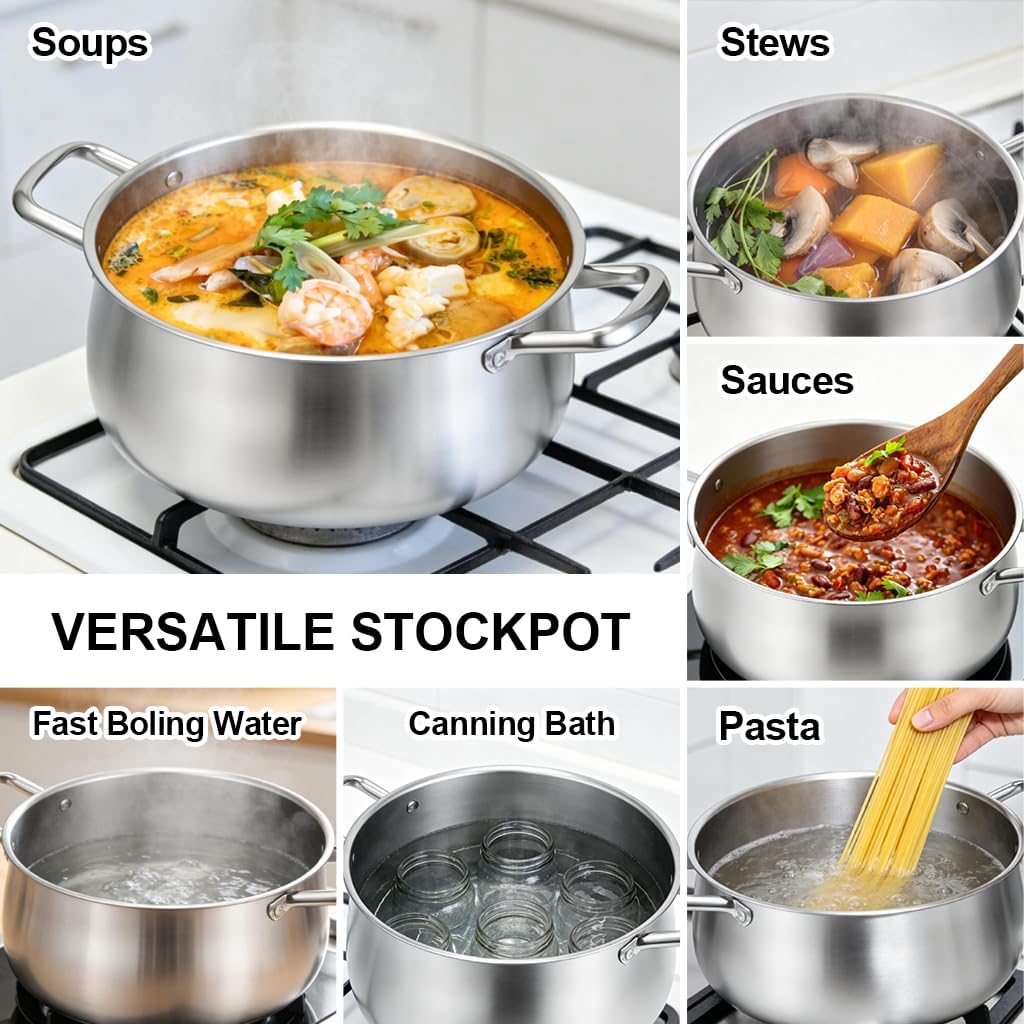 Tifanso Tri-Ply 8 Quart Stainless Steel Stock Pot - Heavy Duty Large Induction Cooking Pot with Lid for Pasta, Soup, Spaghetti, Nonstick Deep Stockpot, Kitchen Cookware for Simmer, Canning, Boiling
