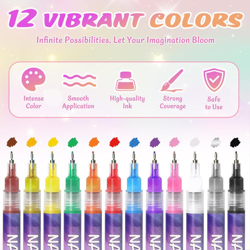12 Colors Nail Art Pens Set with 0.5mm Fine Tip, Nail Design Drawing Pens for Acrylic Gel Natural Nails, Quick-Dry Waterproof Manicure Nail Art Markers with Storage Pouch & Nail Stencil Stickers