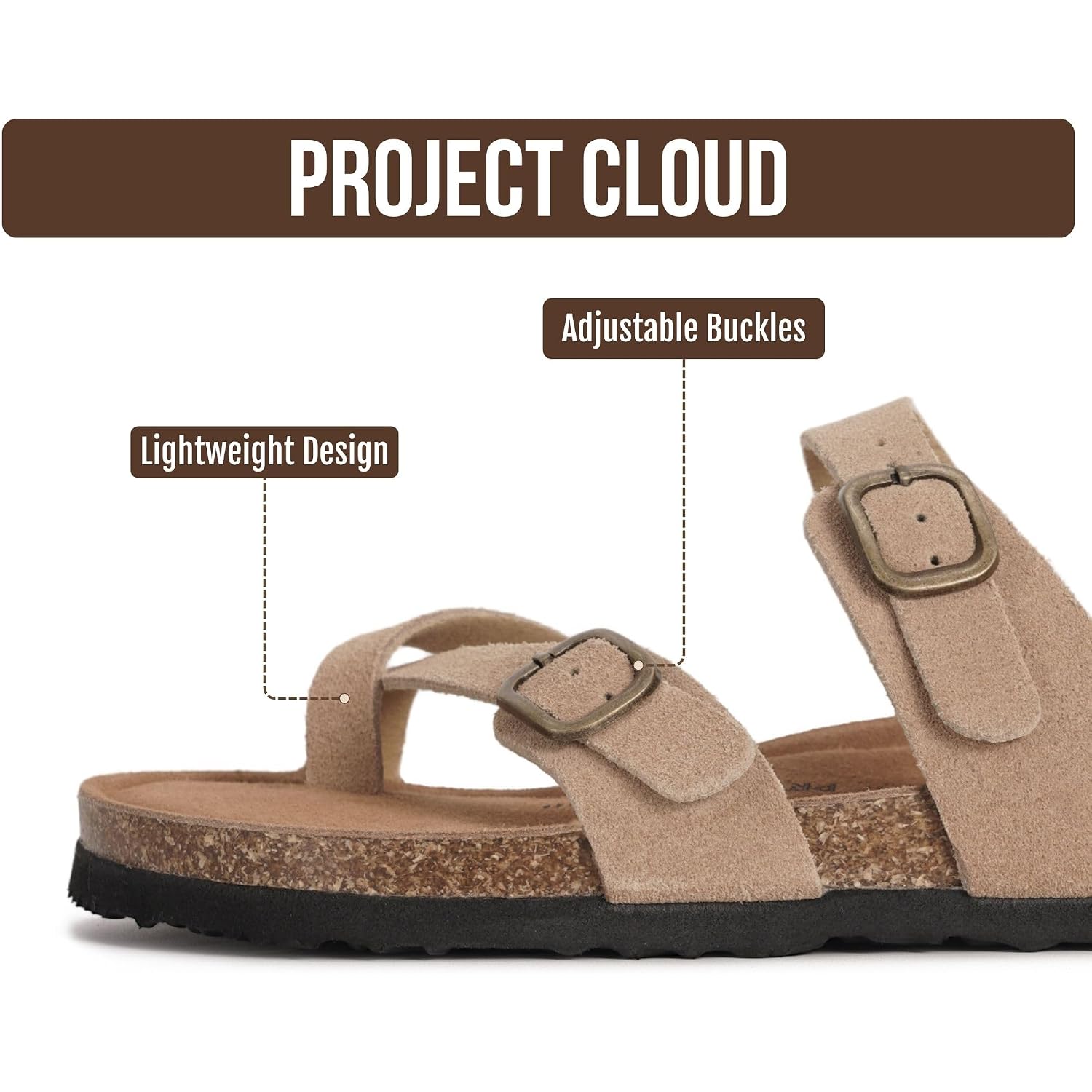 Project Cloud 100% Genuine Leather Womens Sandals -Lightweight Womens Slides Memory Foam Insole & Cork Footbed Sandals Women - Non-Slip Beach Essentials Summer Sandals For Women 2026 (Lian)