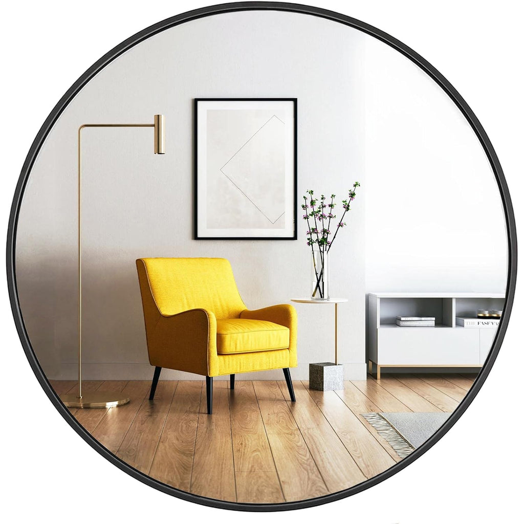 Oruii Round Mirror, Black Round Mirror 24 inch, Circle Wall Mirrors Metal Frame, Black Circular Mirrors for Bathroom, Wall, Living Room, Entryway, Hallway, Vanity, Rustic