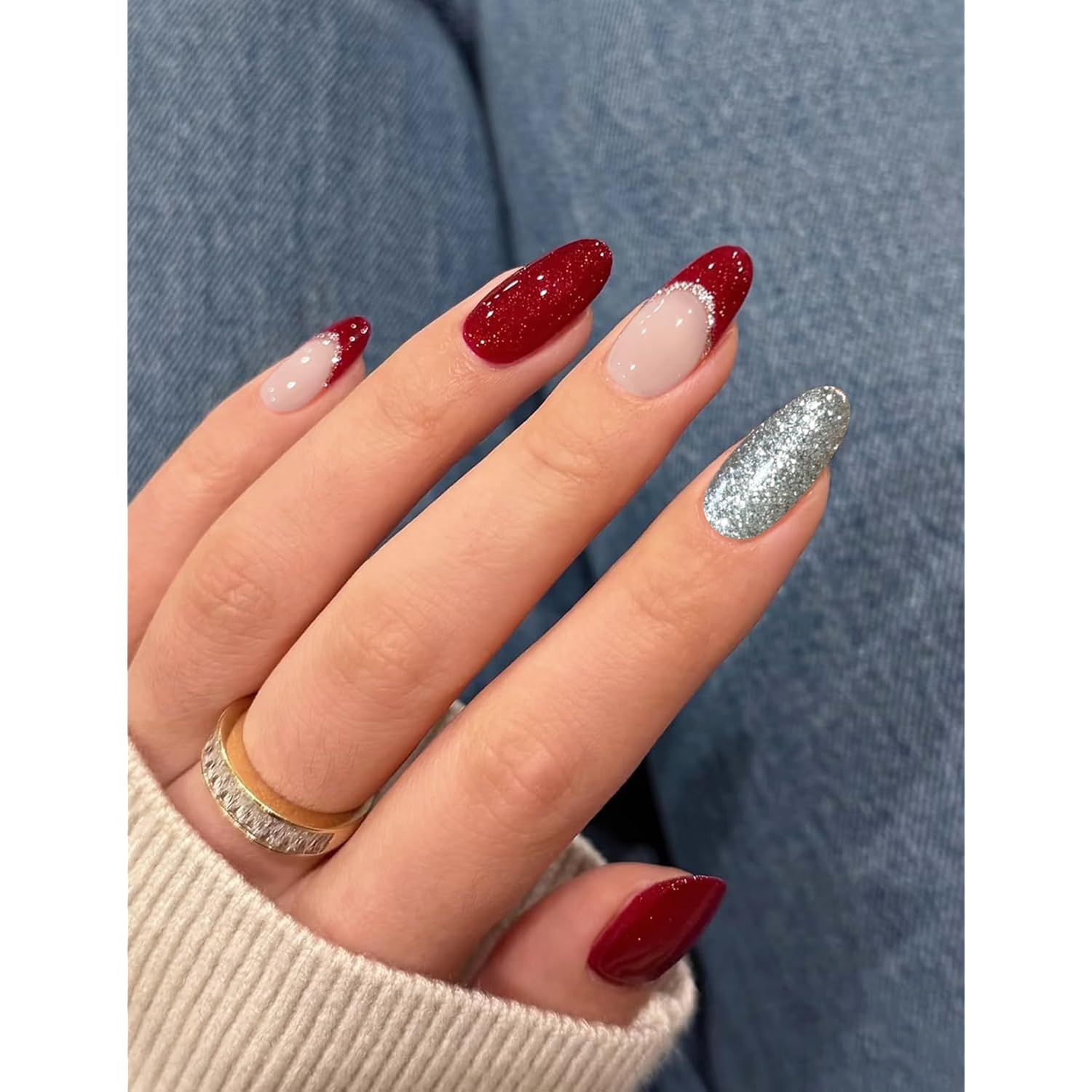 Semi Cured Gel Nail Strips, 20pcs Red Glitter Wraps Work with UV for Home Nail Art DIY, Easy to Use and Remove