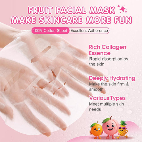 14 Pack Fruit Face Masks Skincare For Kids, Sheet Hydrating Facial Mask For All Skin Types, Bulk Collagen Face Mask For Women Skin Care, Birthday Party Spa Gifts For Teens Girls