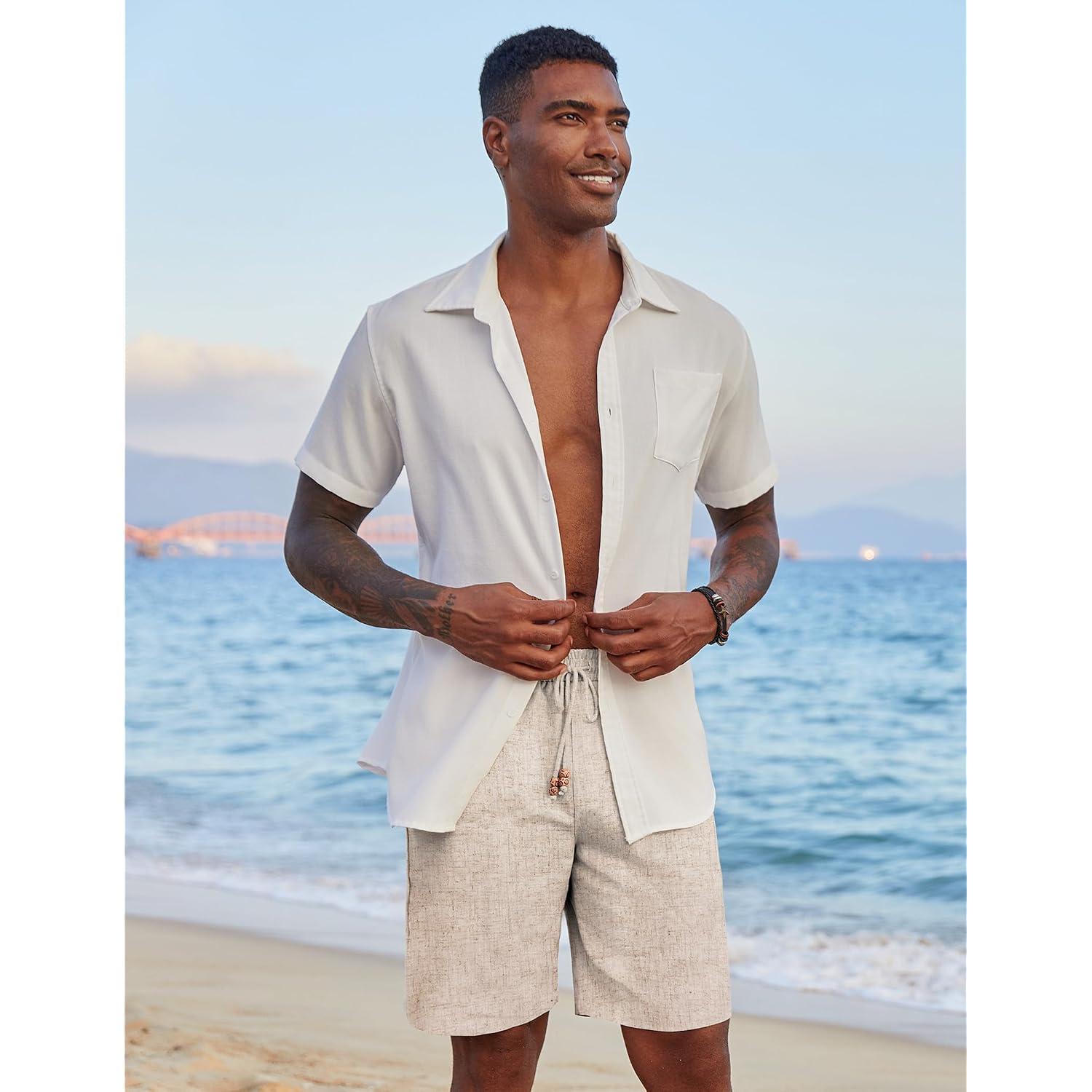 Coofandy Mens Casual Linen Shorts Elastic Waist Drawstring Loose Fit Summer Beach Vacation Shorts With Pockets