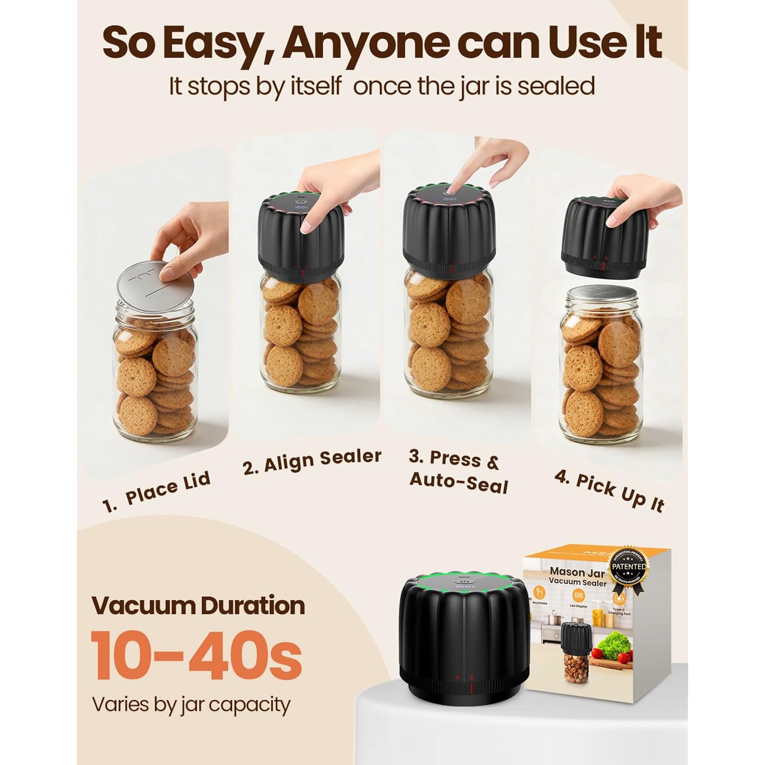 2026 Upgraded Electric Mason Jar Vacuum Sealer Kit With Wide And Regular Mouth Mason Lids -80Kpa Automatic Vacuum Pump 2500Mah Battery One Touch Canning Sealing Machine For Food Storage Black