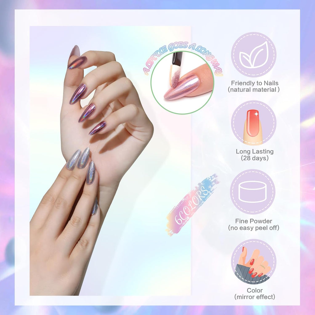 Chrome Nail Powder 6 Boxes Metallic Mirror Effect Nail Art Powder, Holographic Pigment Glitter Dust for Gel Polish Manicure Decoration with 6 Eyeshadow Sticks