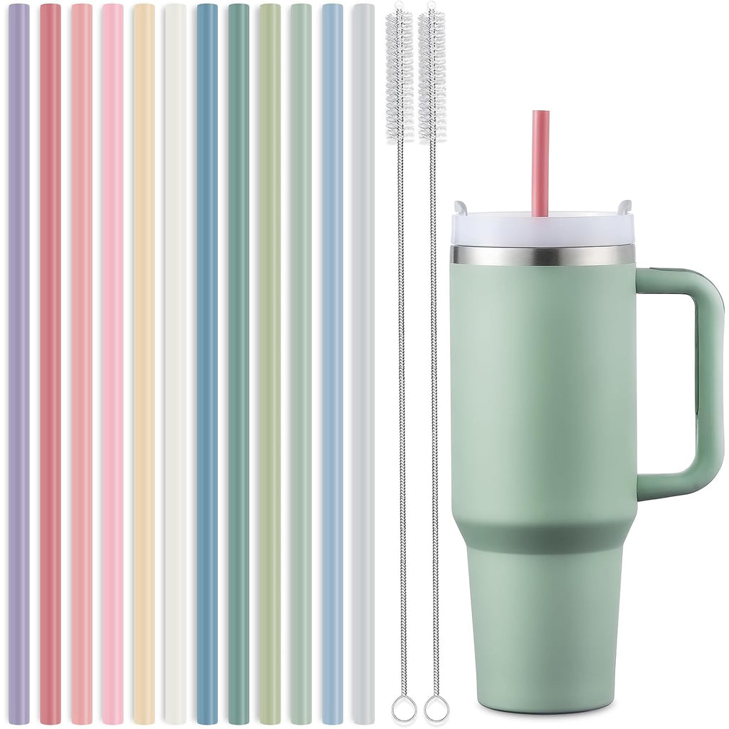 12-Pack Silicone Reusable Straws For Stanley 40 Oz 30 Oz Cup Tumbler, 12.2 Inch Long Replacement Straws With 2 Cleaning Brushes