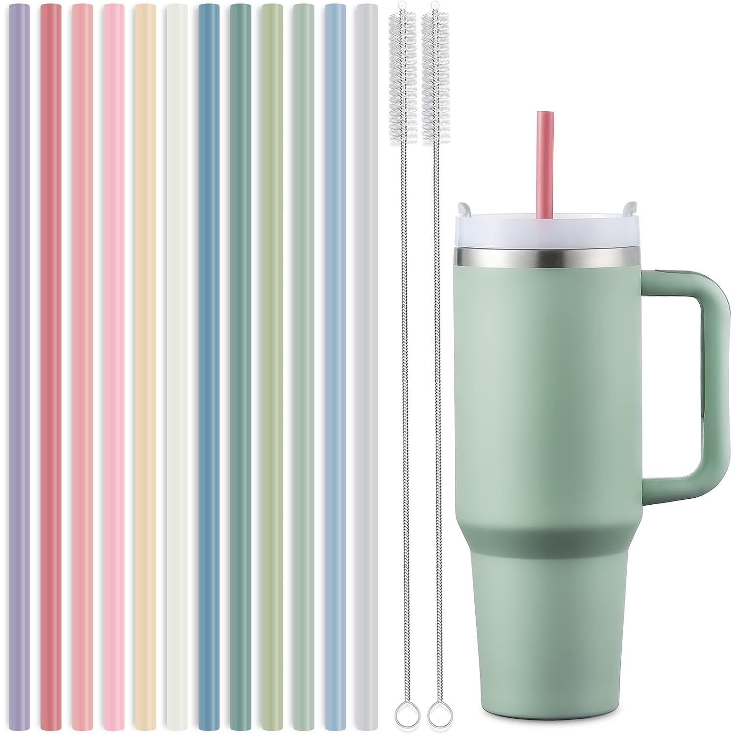 12-Pack Silicone Reusable Straws For Stanley 40 Oz 30 Oz Cup Tumbler, 12.2 Inch Long Replacement Straws With 2 Cleaning Brushes