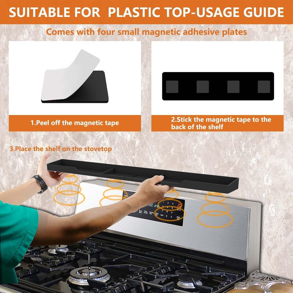 Stove Top Shelf 30 Inch - Silicone Material Magnetic Shelf For Stove - 3 Functional Partitions Kitchen Spice Rack Organizer-Black,Kitchen Gadgets Storage Organization