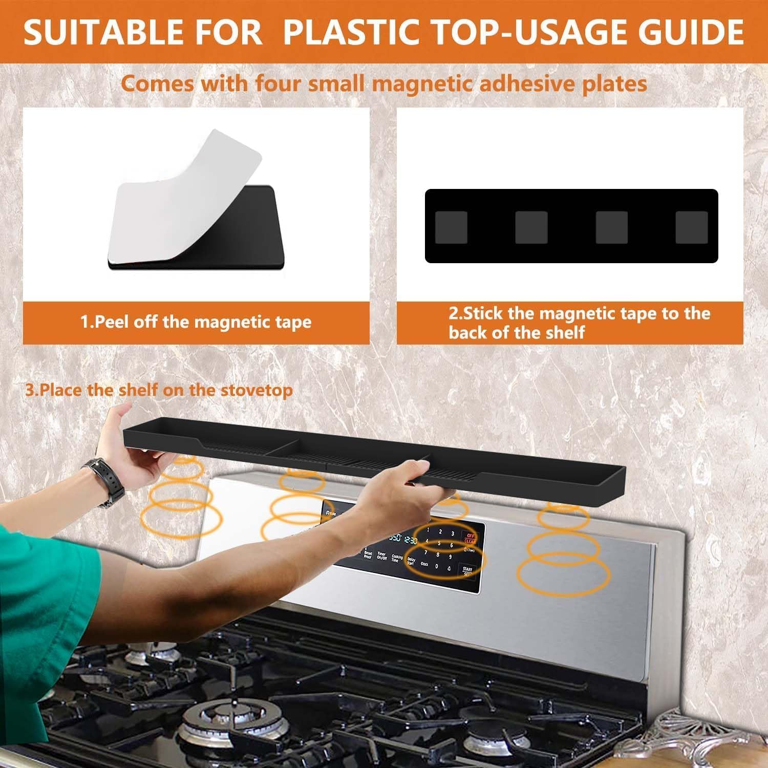 Stove Top Shelf 30 Inch - Silicone Material Magnetic Shelf For Stove - 3 Functional Partitions Kitchen Spice Rack Organizer-Black,Kitchen Gadgets Storage Organization