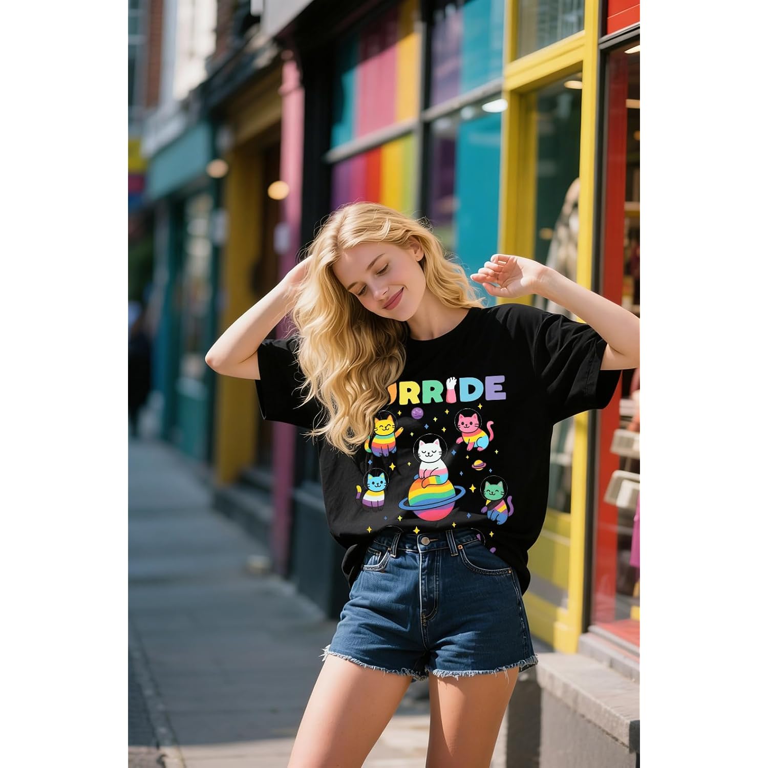 Womens LGBTQ Purride Cat Shirts - Love Pride Ally Equality Rainbow Flag Animal Lovers Graphic Tee Tops Black