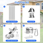 Anovo Flag Pole Kit- Stainless Steel 6 Ft Flag Poles With1 Inch Metal 360° Rotating Flag Pole Rings Clip, Two-Position Flag Pole Holder Brackets Mounting For Outside House Outdoor Porch (6 Ft-Sliver)
