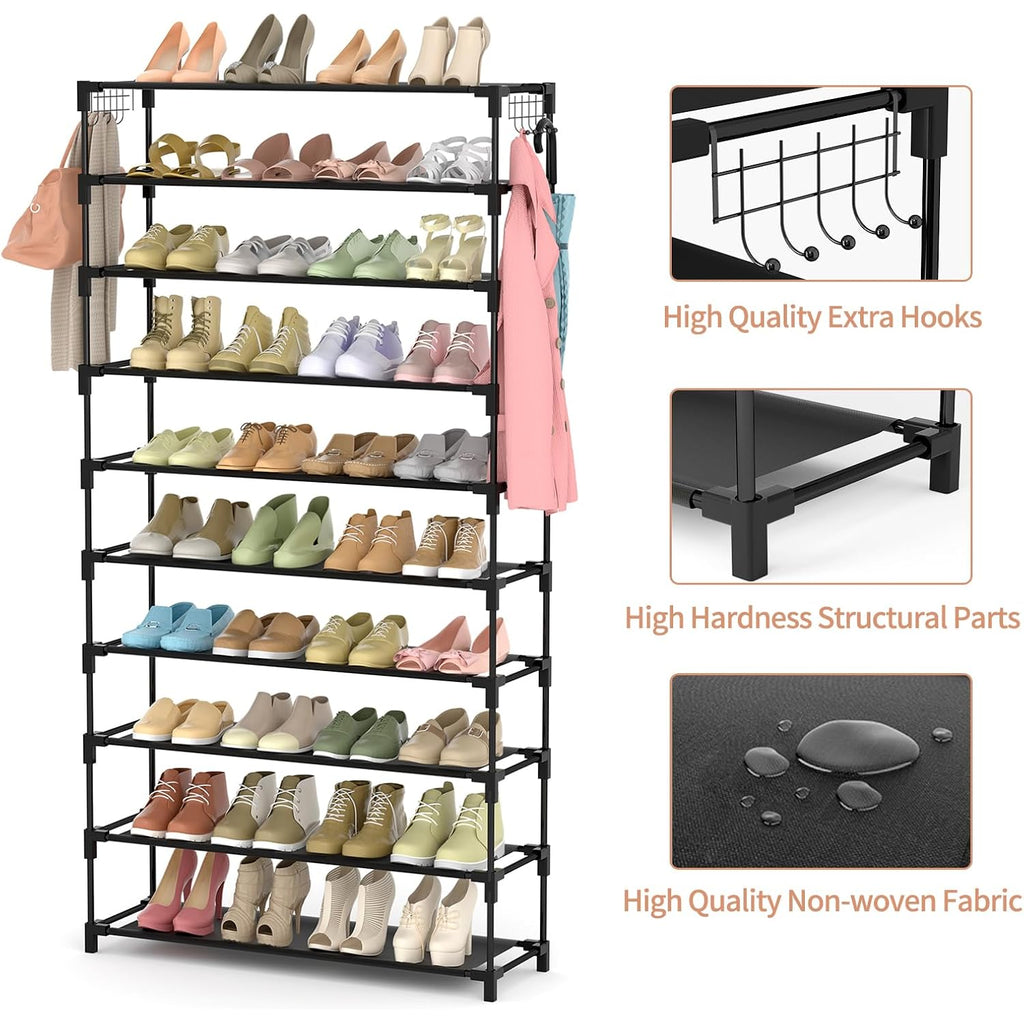 10 Tiers Shoe Rack 50 Pairs Large Capacity Tall Shoe Organizer Sturdy Shoe Storage With Two Hooks Space Saving Metal Wide Shoe Rack For Closet, Entryway, Bedroom, Black