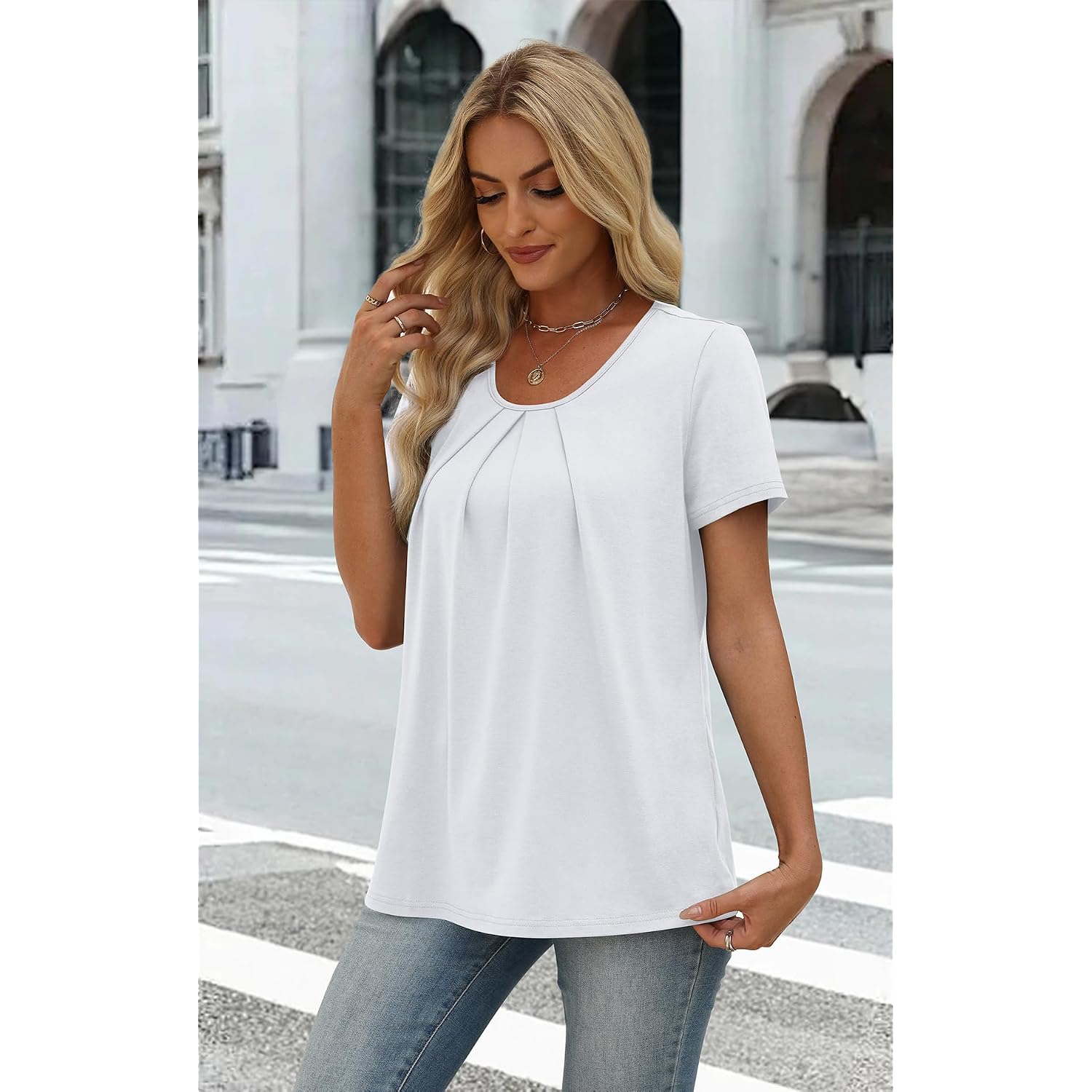 Wiholl Women T Shirts Pleated Short Sleeve Tops Business Casual Dressy Blouses