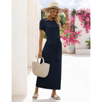 Merokeety Women'S Summer Maxi Dresses 2026 Casual Spring Short Sleeve Tie Waist Work Beach Vacation T Shirt Long Dress