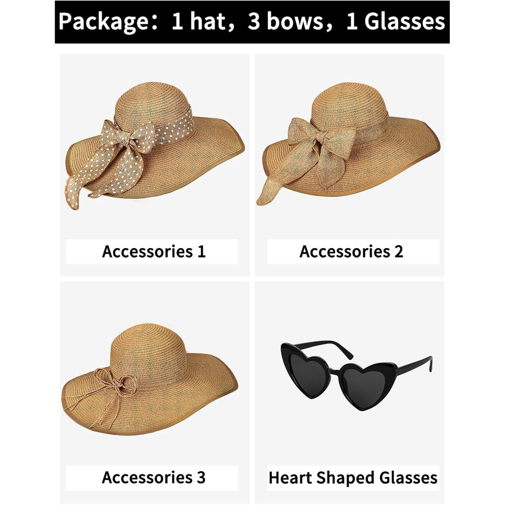 Senker Fashion Sun Hats for Women, Wide Brim Floppy Beach Straw Hat for Summer Travel Vacation Foldable with Sunglasses