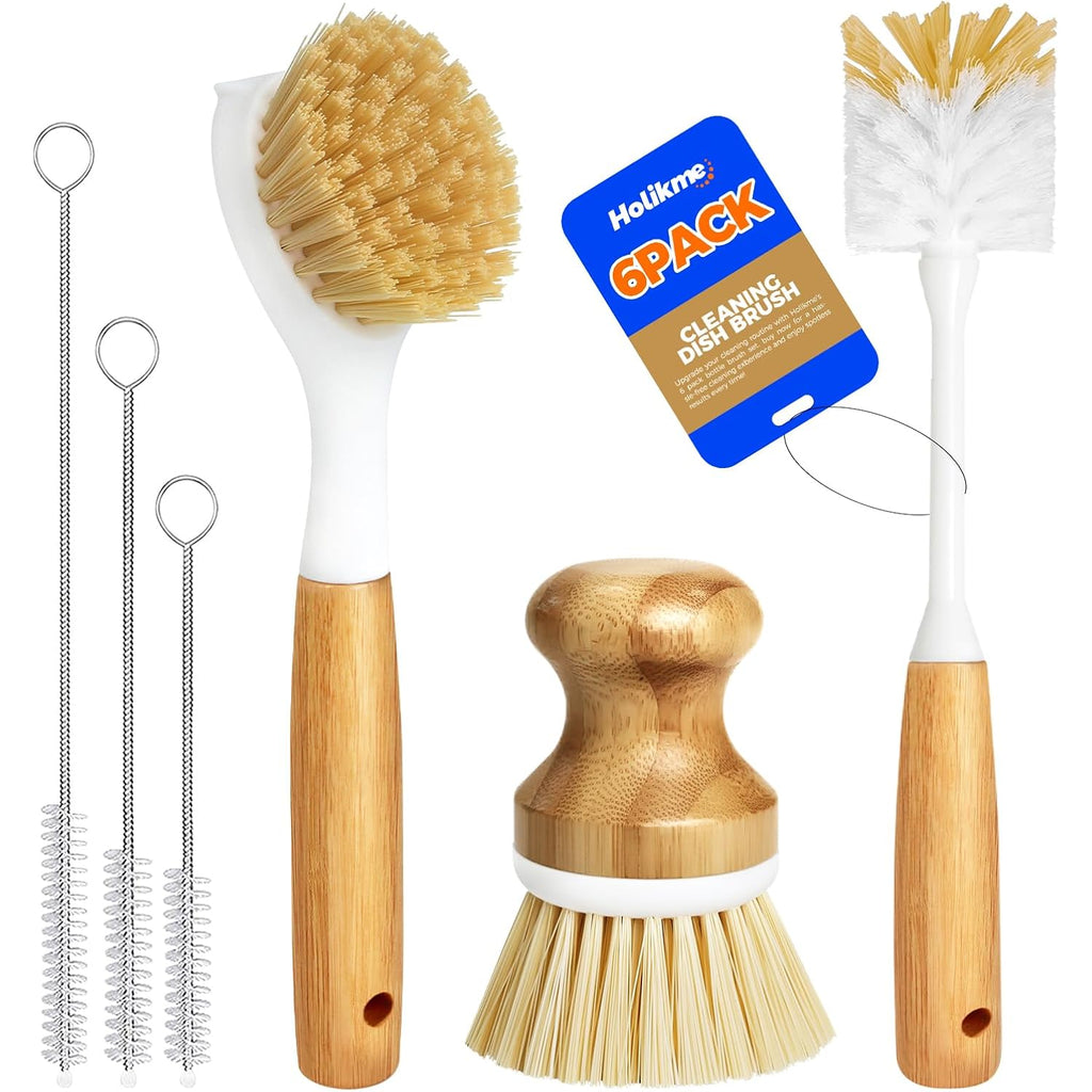 Holikme 6 Pack Dish Brush Scouring Pad Set With Bottle Brush, Dish Brush, Palm Scrub Brush And Straw Brush, Dish Scrubber Long Handle For Dish Bottle Cup Pot Pan Iron Abrasive Cup Brushes, Yellow