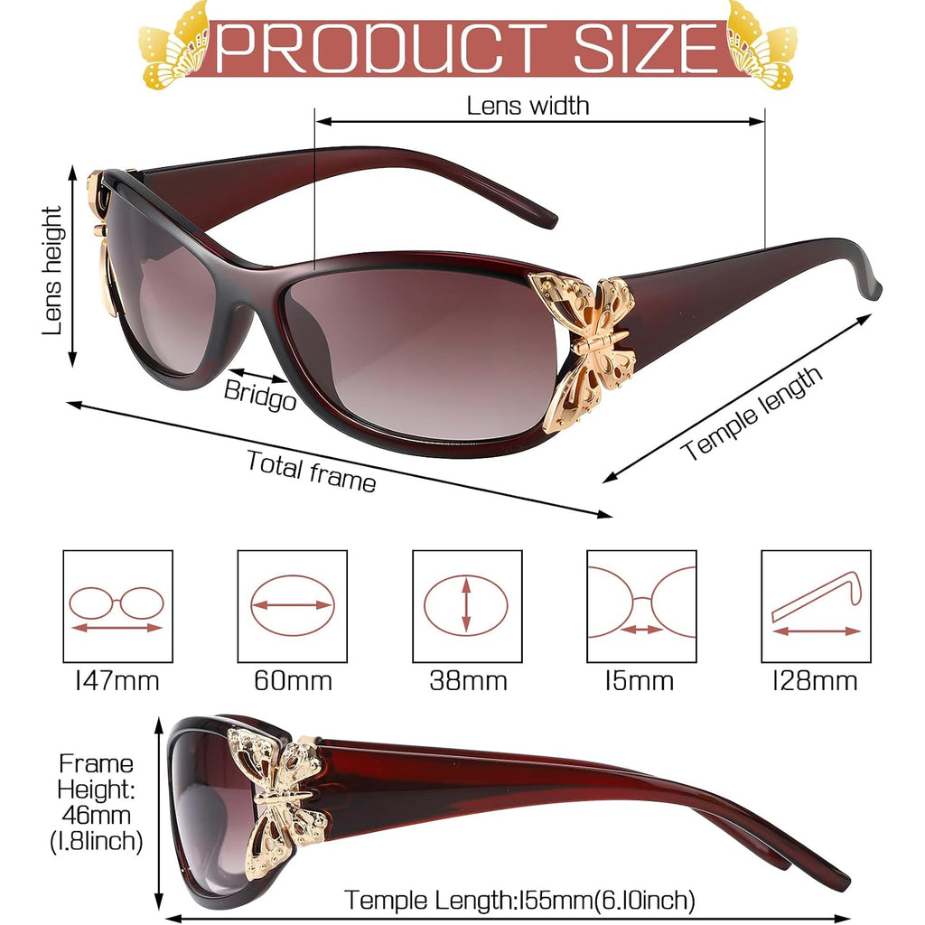 3 Pairs Y2K Sunglasses For Women, Fashion Wrap Around Butterfly Design Sun Glasses With Uv400 Protection