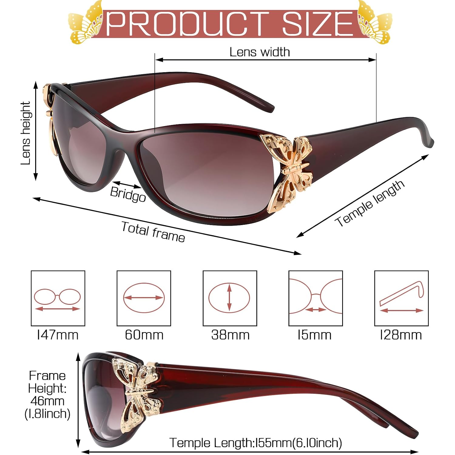 3 Pairs Y2K Sunglasses For Women, Fashion Wrap Around Butterfly Design Sun Glasses With Uv400 Protection