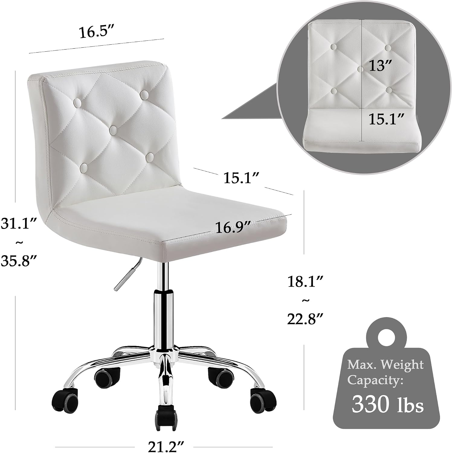Vecelo Pu Leather Mid-Back Armless Vanity Chair Adjustable Height 360° Rolling Swivel For Home Office Work, White