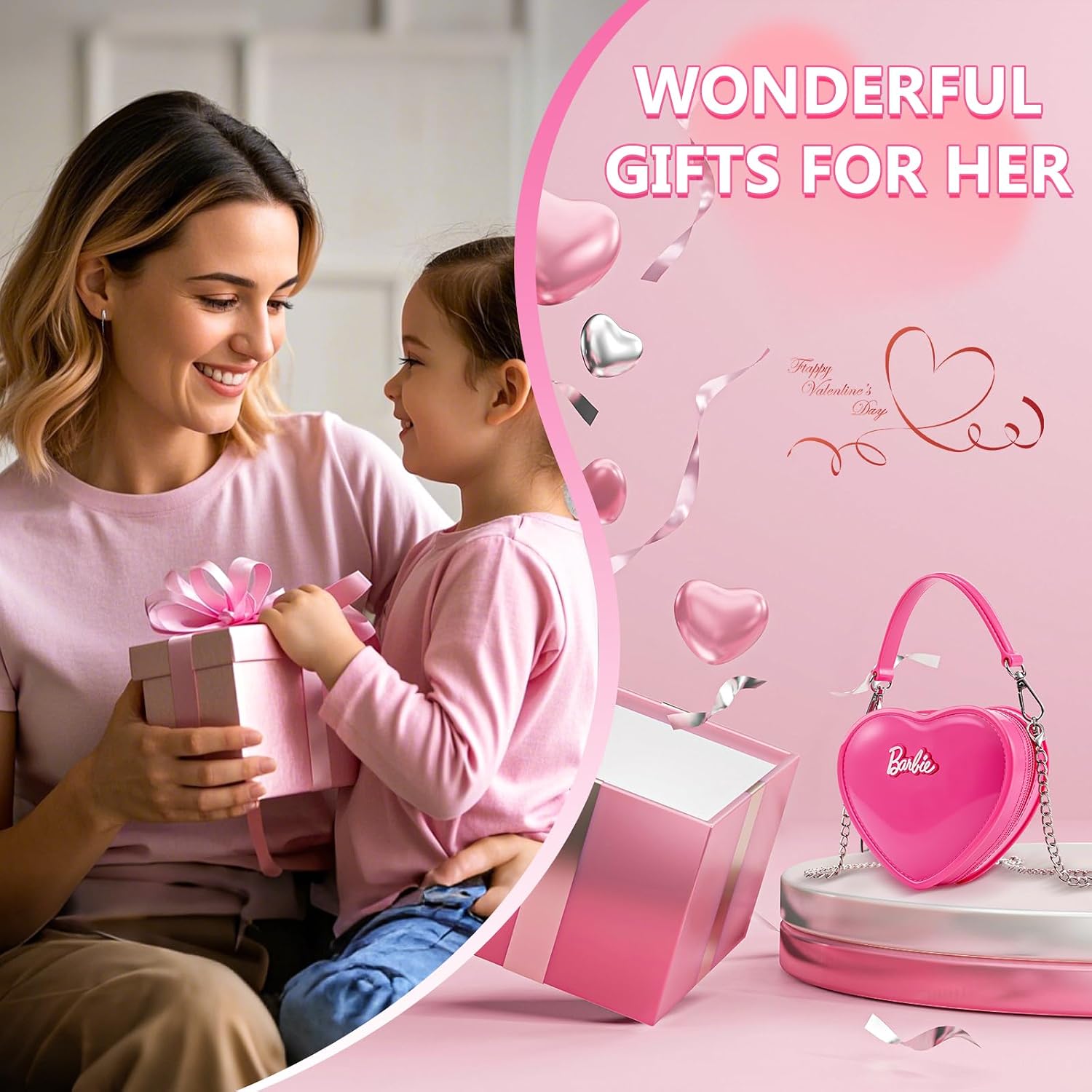 Miniso Barbie Heart Purse Rose Red Crossbody Bag Handbag, Gifts For Girls And Women, Sweet Style Cute Heart-Shaped Design Fashion Tote Bag, Pvc Material Waterproof